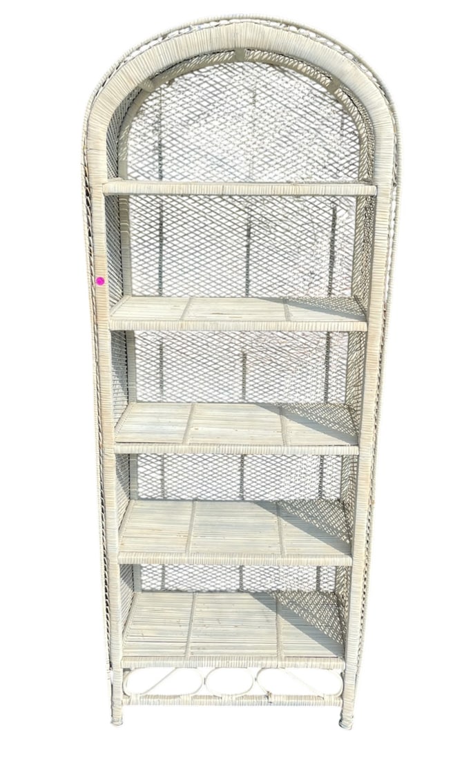 VINTAGE WHITE WICKER RATTAN ARCHED SHELF: Vintage White Wicker / Rattan Bookcase / Shelf. Measures 28"x14"x71". PROVENANCE:The Historic 1798 John Burckmeyer House, 120 Wentworth Street, Charleston SC **In house shipping available on this