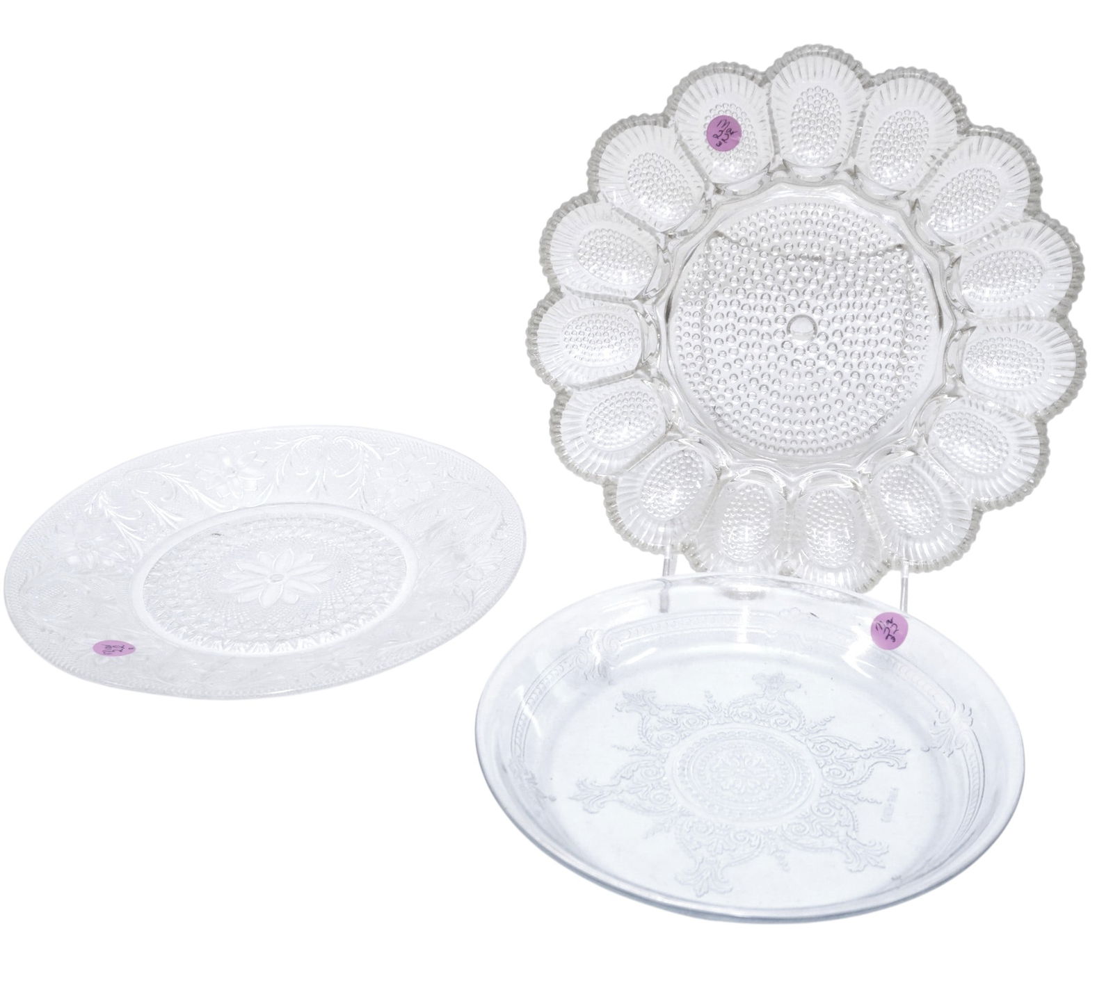 3 PIECE VINTAGE GLASS FIRE-KING & INDIANNA: 1- Vintage Fire-King Sapphire Blue Philbe Glass Pie Plate 10 1/2". 2- Indiana Glass Deviled Egg Plate Hobnail. 11 1/4" 3- Large Indiana Glass in th Sandwich Clear pattern 11 1/4". Weight on all