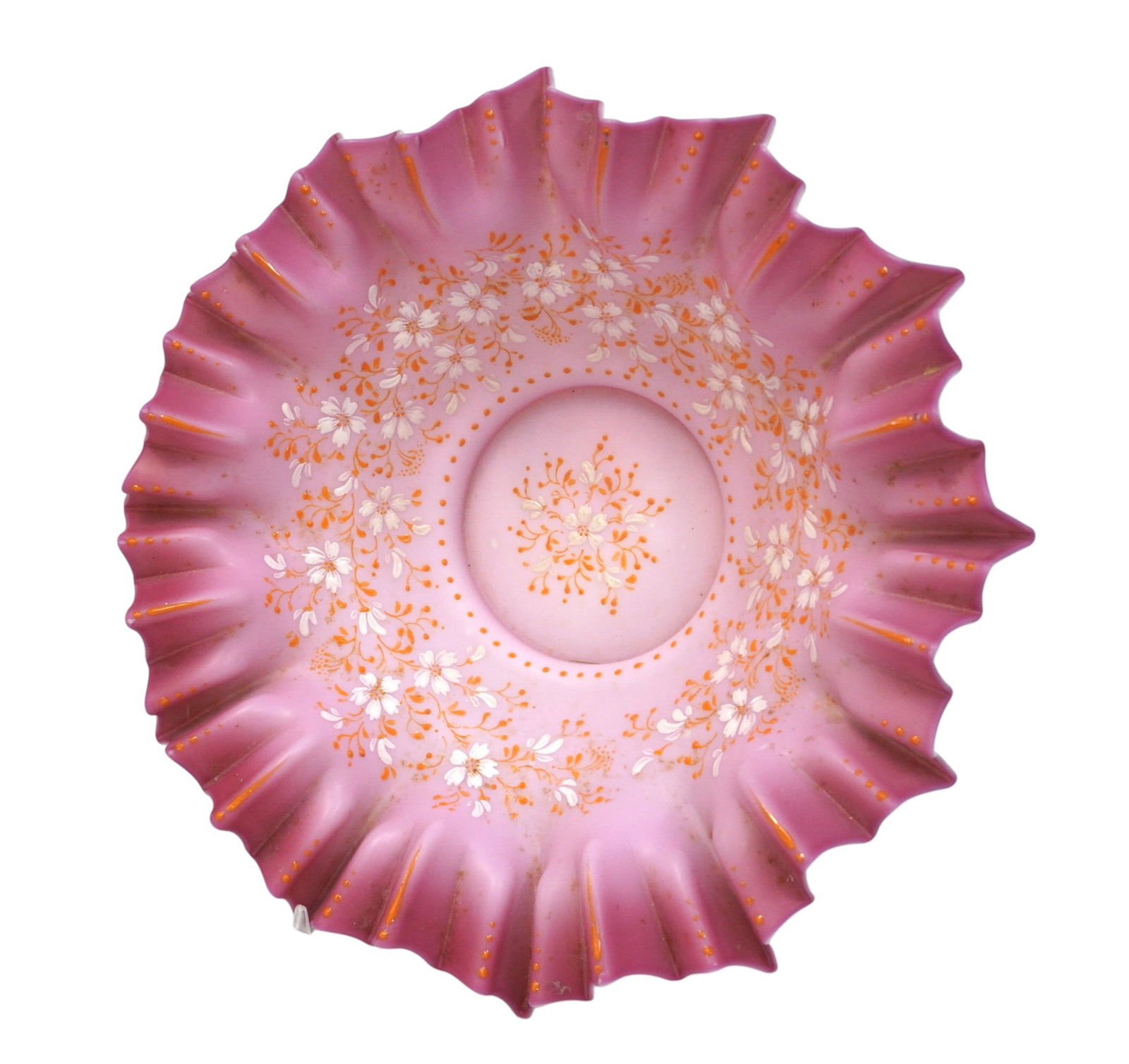 ANTIQUE VICTORIAN ERA ENAMELED PINK BRIDES BOWL: Stunning Antique Victorian Era Pink Brides Bowl with Enameled Florals. Measures 3.5" x 11.5". Weighs 1.5 lbs.