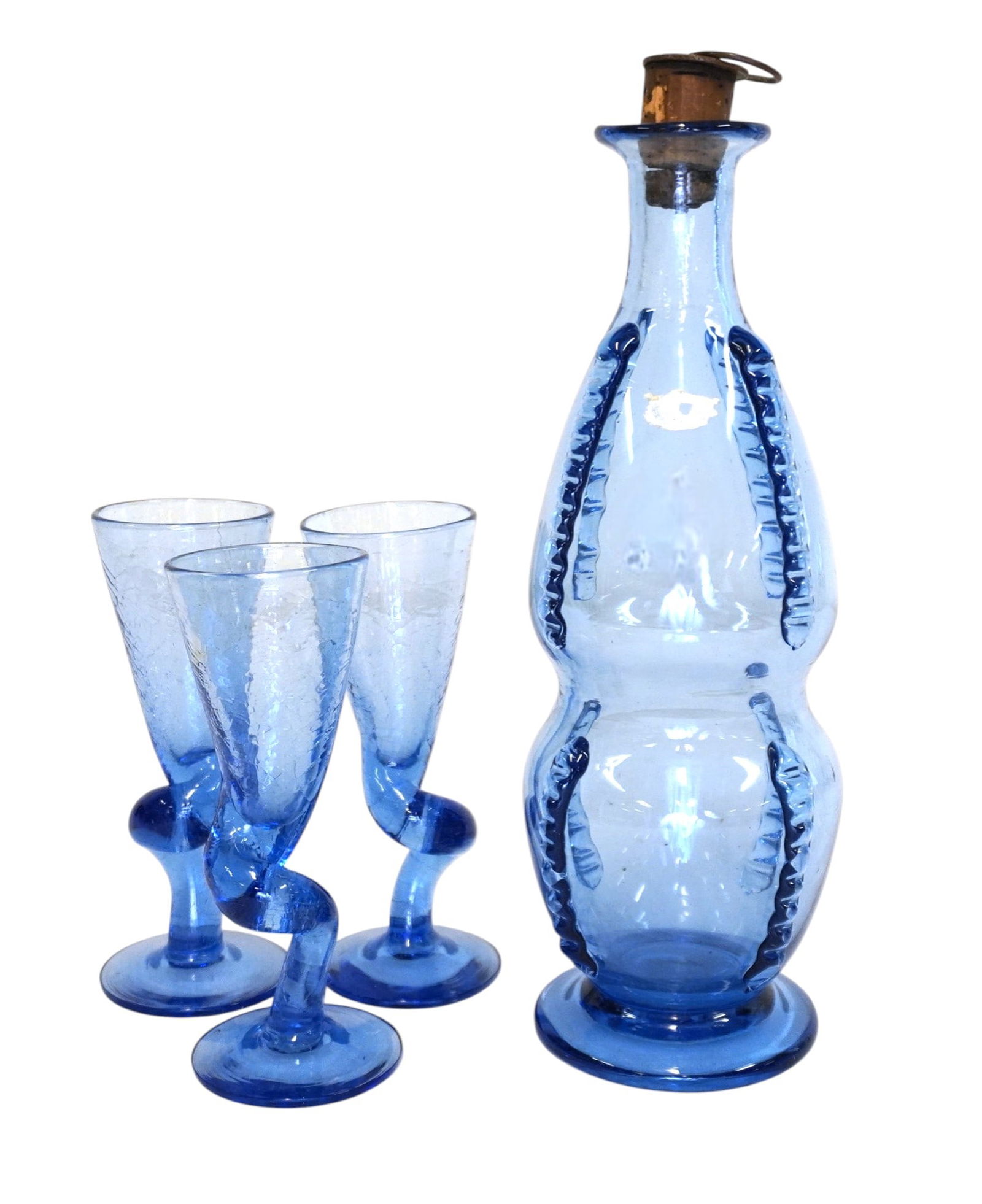 STOCKHOLMS GLASBRUK (SKANSEN) BLUE CORKED BOTTLE & CRACKLE GLASSES (1 of 4)