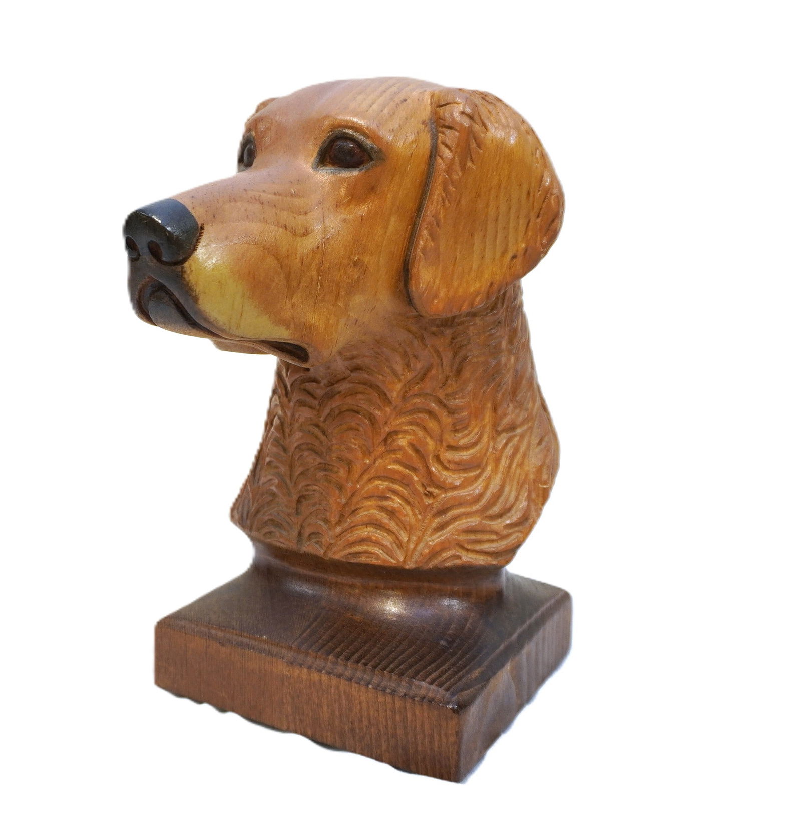 HAND CARVED GOLDEN RETRIEVER BUST SIGNED: Vintage 1982 Hand Carved Golden Retriever Bust. Signed and dated 1982. Measures 10"x7"x12 1/2". Weight 5 lbs 9 oz. **In house shipping available on this lot** If you win this lot, please select self
