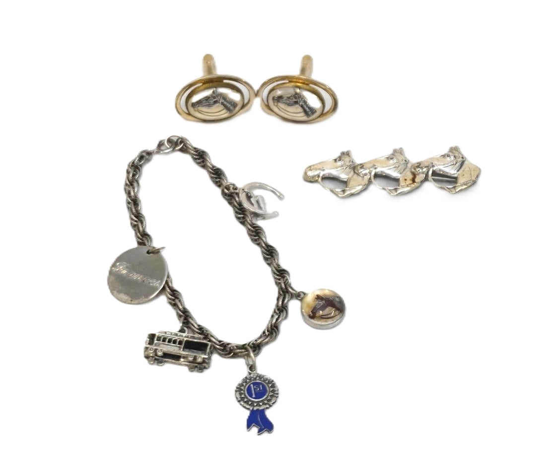 3 PC EQUESTRAIN JEWELRY - BROOCH -BRACELET - CUFFLINKS: 1- Silver Color Charm Bracelet with sterling silver charms including sterling bubble horse, 1st place sterling enameled charm, sterling horseshoe with boots.7 1/2" opemed 2- Vintage Sterling 3 Horse