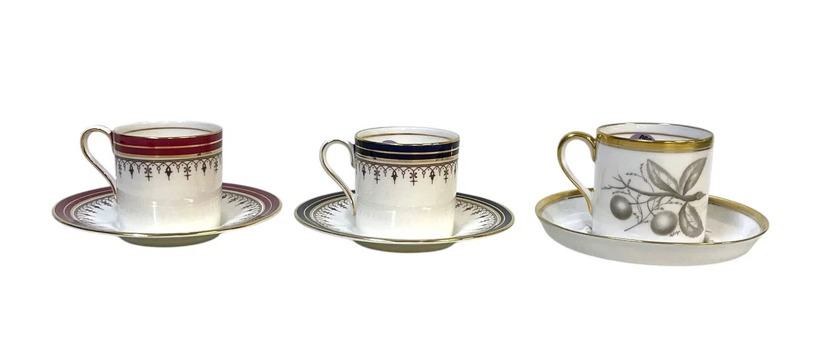 3 DEMITASSE CUPS AND SAUCERS - SPODE AND AYNSLEY: 3 Demitasse Cups and Saucers. One set of Spode in the Pattern Chatham. And 2 Aynsley Sets in the Pattern Leighton. Largest is spode which measures 2.5" x 3" x 2.5" and saucer measures 5" in dia.