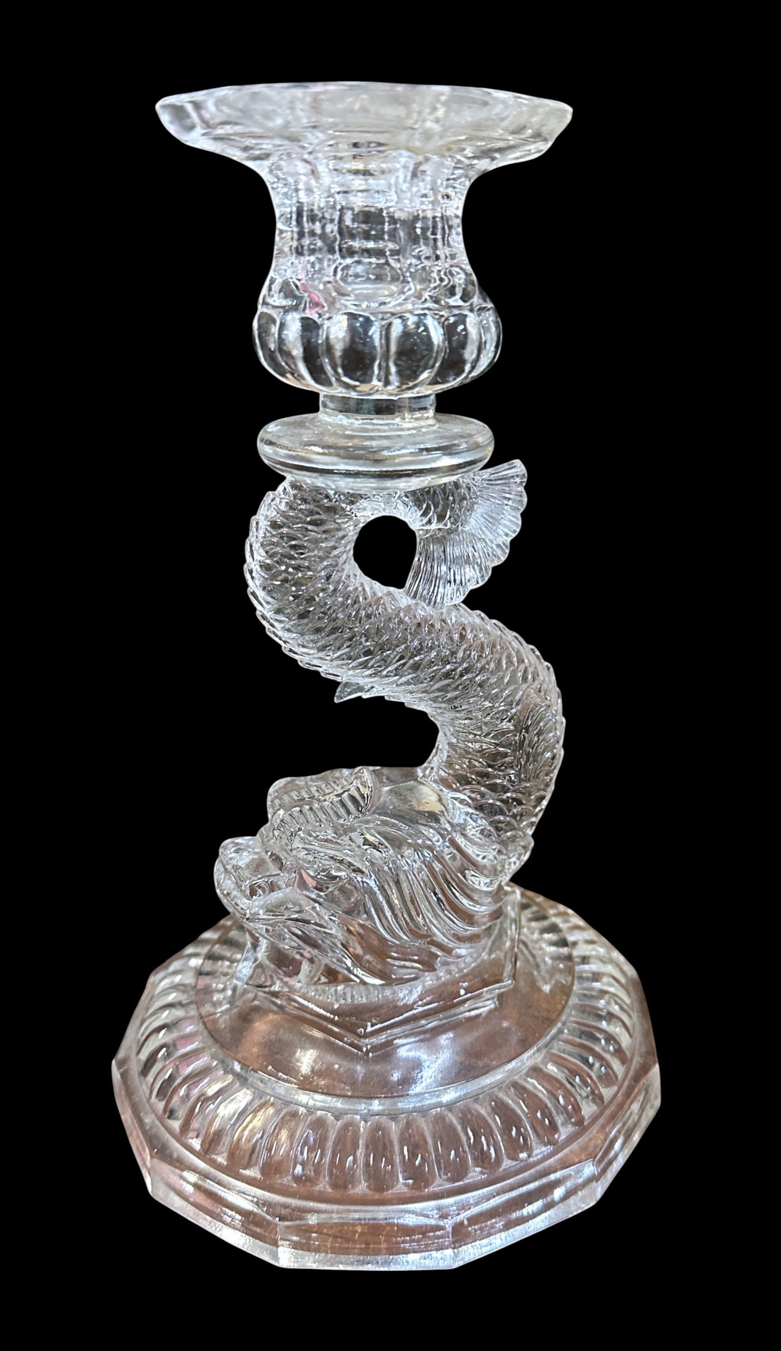 VALLERYSTHAL PORTIEUX GLASS HERALDIC DOLPHIN CANDLESTICK HOLDER: French Vallerysthal Portieux pressed glass heraldic dolphin candlestick holder. **In house shipping available on this lot** If you win this lot, please select self arranged for in house shipping when