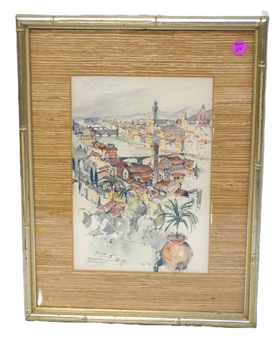 MID CENTURY JAN KORTHALS 1963 FLORENCE LITHOGRAPH: Mid Century Jan Korthals Florence 1963 Donald Art Company Lithograph. Signed in pencil by the artist. A hillside view looking down over the Arno river. Professionally framed and matted. In frame