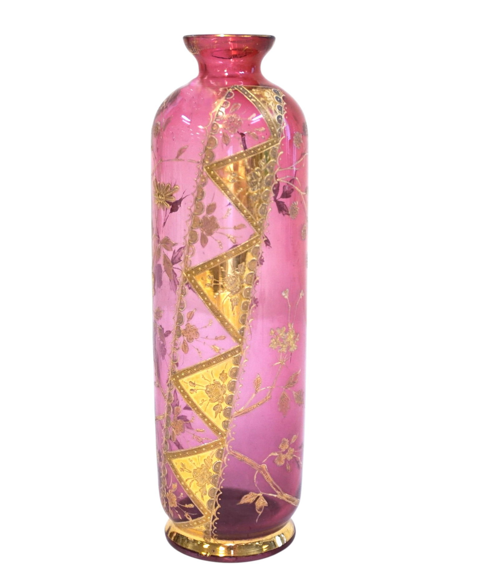 ANTIQUE BOHEMIAN MOSER STYLE CRANBERRY ENAMELED GILT ART GLASS VASE: Exceptional Bohemian art glass vase executed in rich cranberry glass with elaborate gilt and enamel decoration. A striking and decorative cabinet example of Art Nouveau period European art glass.
