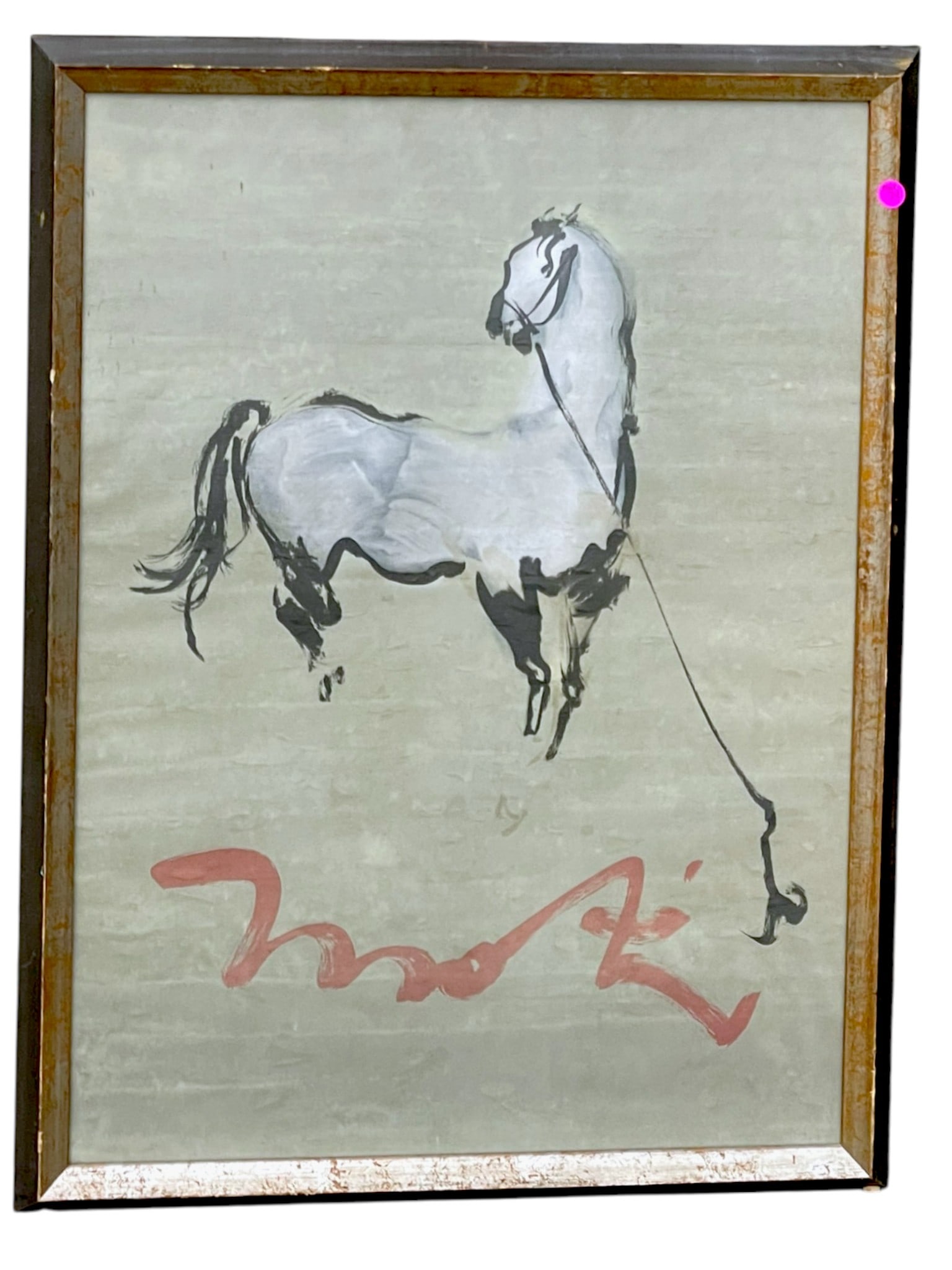 KAIKO MOTI TETHERED WHITE HORSE LITHOGRAPH: Lithograph "Tethered White Horse" after Kaiko.Moti In frame measures 23 1/2"x32"x1 1/2". Weight 10 lbs. **In house shipping available on this lot** If you win this lot, please select self arranged