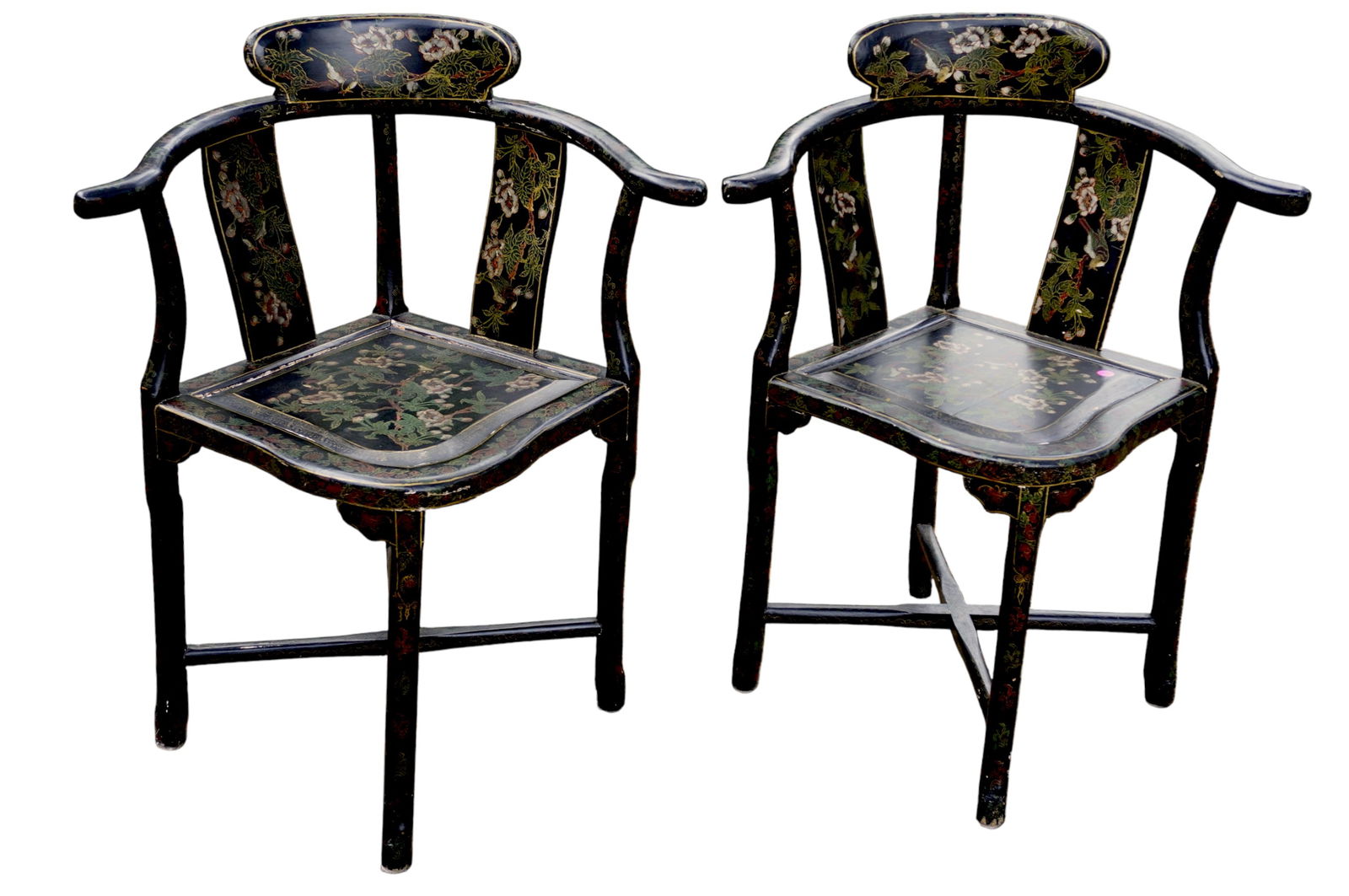 PAIR ANTIQUE BLACK LACQUERED & PAINTED CORNER CHAIRS (1 of 9)