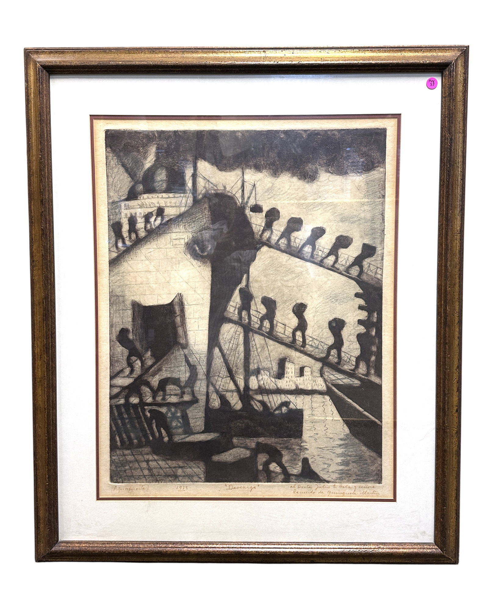 DESCARGA MID CENTURY BENITO QUINQUELA MARTIN ETCHING: Large Mid Century 1950 Etching "Descarga" by Benito Quinquela Martin (Argentinian, 1890-1977). Signed and titled in pencil by the artist and personalized to Dr. Julio E. Arla. Professionally framed,