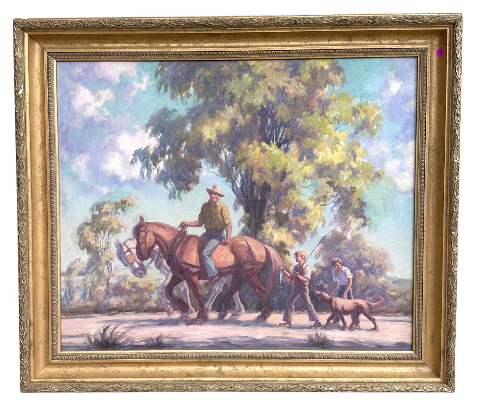 ALPHONSE PALUMBO (New York, 1890-1947) BACK FROM FISHING: Original Oil on Canvas by Alphonse Palumbo (1890-1947) "Back from Fishing". Signed and dated verso "A. Palumbo 1932". The painting features outdoor scene shows two boys with fishing rod and fish walki