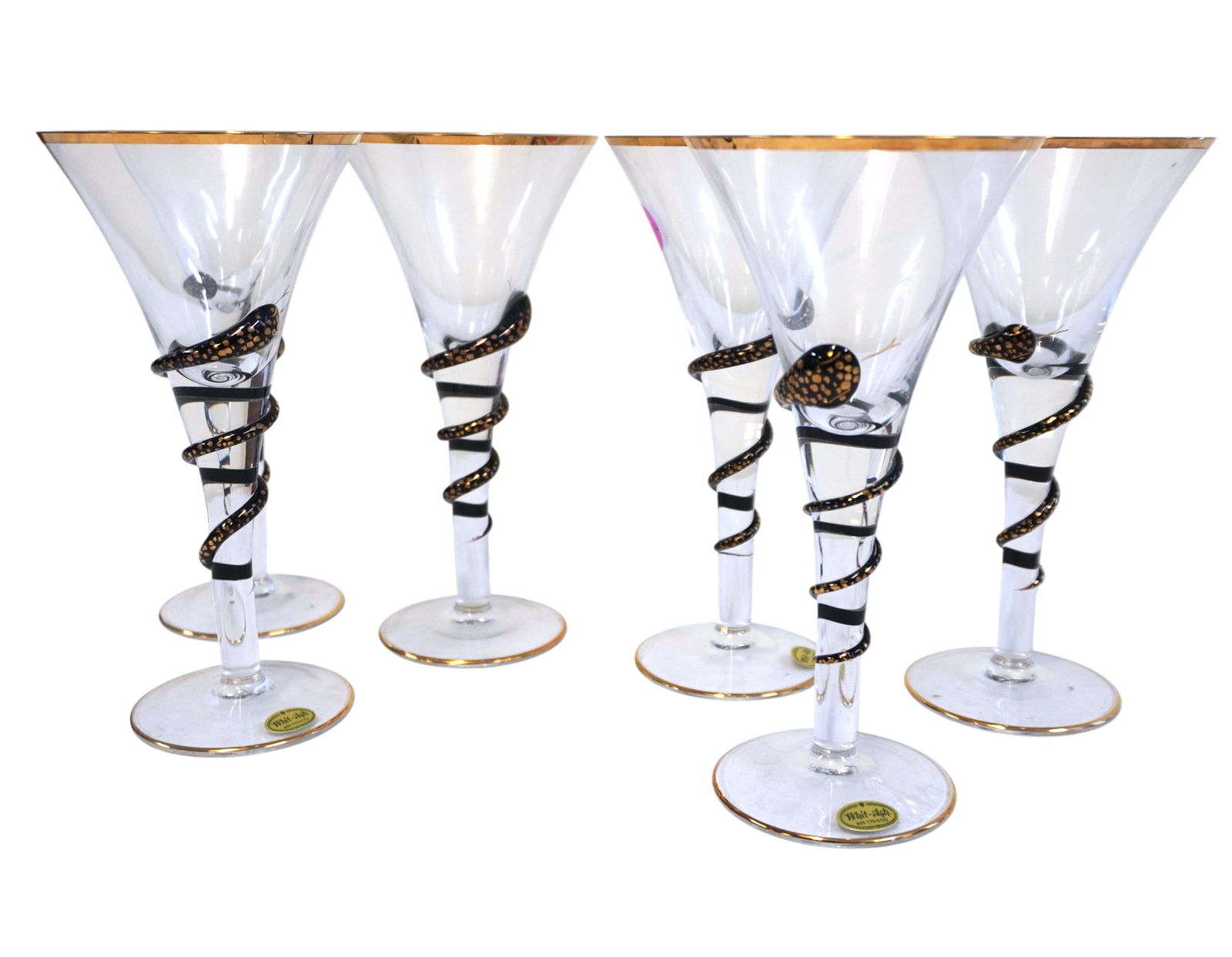 MOTTE GLASS CLEOPATRA SNAKE STEM GLASSES: Vintage Motte Glass Cleopatra Snake Stem Glasses Czech Republic- Set of 6 Bohemia. Each 4"x4"x8. Weight on all 3 lb 6 oz. **In house shipping available on this lot** If you win this lot, please