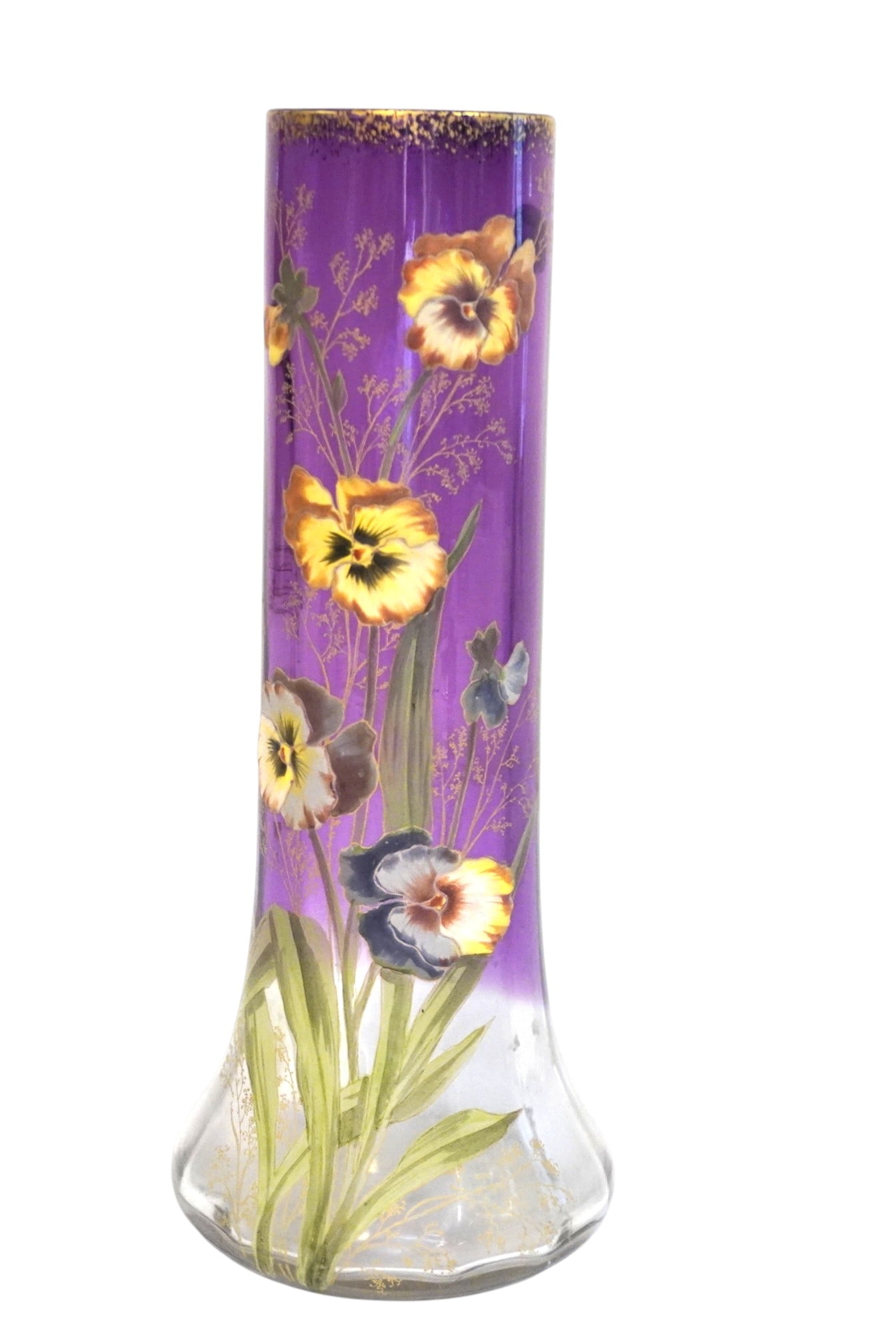 MOSER ART NOUVEAU 12" ENAMELED PANSIES VASE: Early 20th Century Moser Art Nouveau glass vases of tapered and fluted cylindrical form, transfer and enamel decorated with pansies and foliage over a graduated amethyst to clear ground. A similar