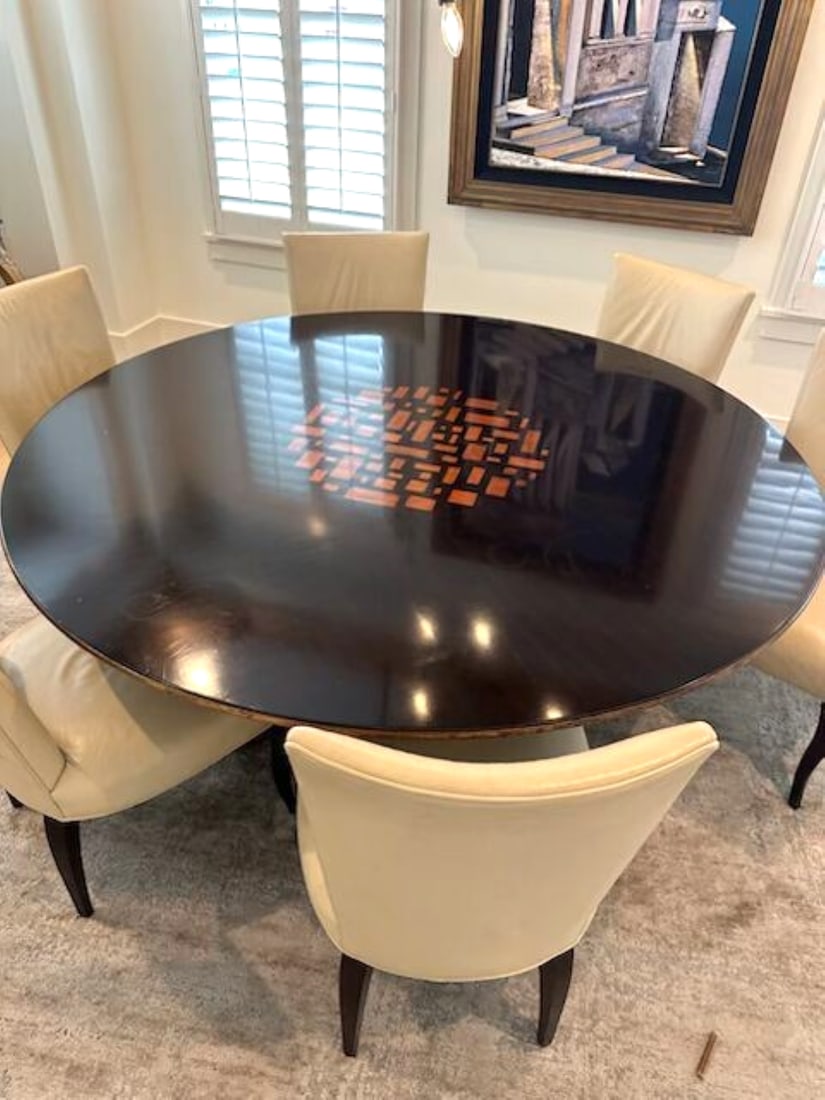 CHRISTOPHER GUY ROBUCHON II DINING TABLE: Elevate Your Dining Experience with this Exquisite Robuchon II Dining Table by Christopher Guy. Bring elegance with edge to any dining setting. With Renaissance gilt accents and a geometric pattern