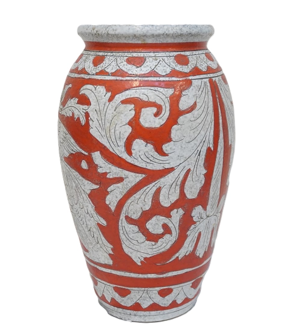 LARGE MID CENTURY ITALIAN FLOOR VASE: Mid Century Red and White Italian Floor Vase. Hand Painted with Griffin and Vines. From Deruta Italy. Measures 10"x10"x19. Weight 12 lbs **In house shipping available on this lot** If you win this