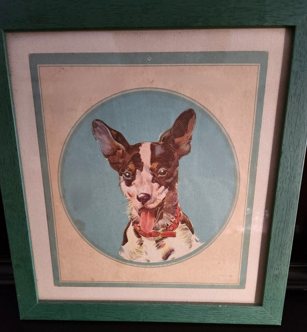 RARE 1920S RAT TERRIER LITHOGRAPH THE DRINKING CUP COMPANY: Rare 1920-30 Rat Terrier Lithograph from The Individual Drinking Cup Company. The Individual Drinking Cup Company, established in 1910 by Lawrence Luellen and Hugh Moore in New York, developed the