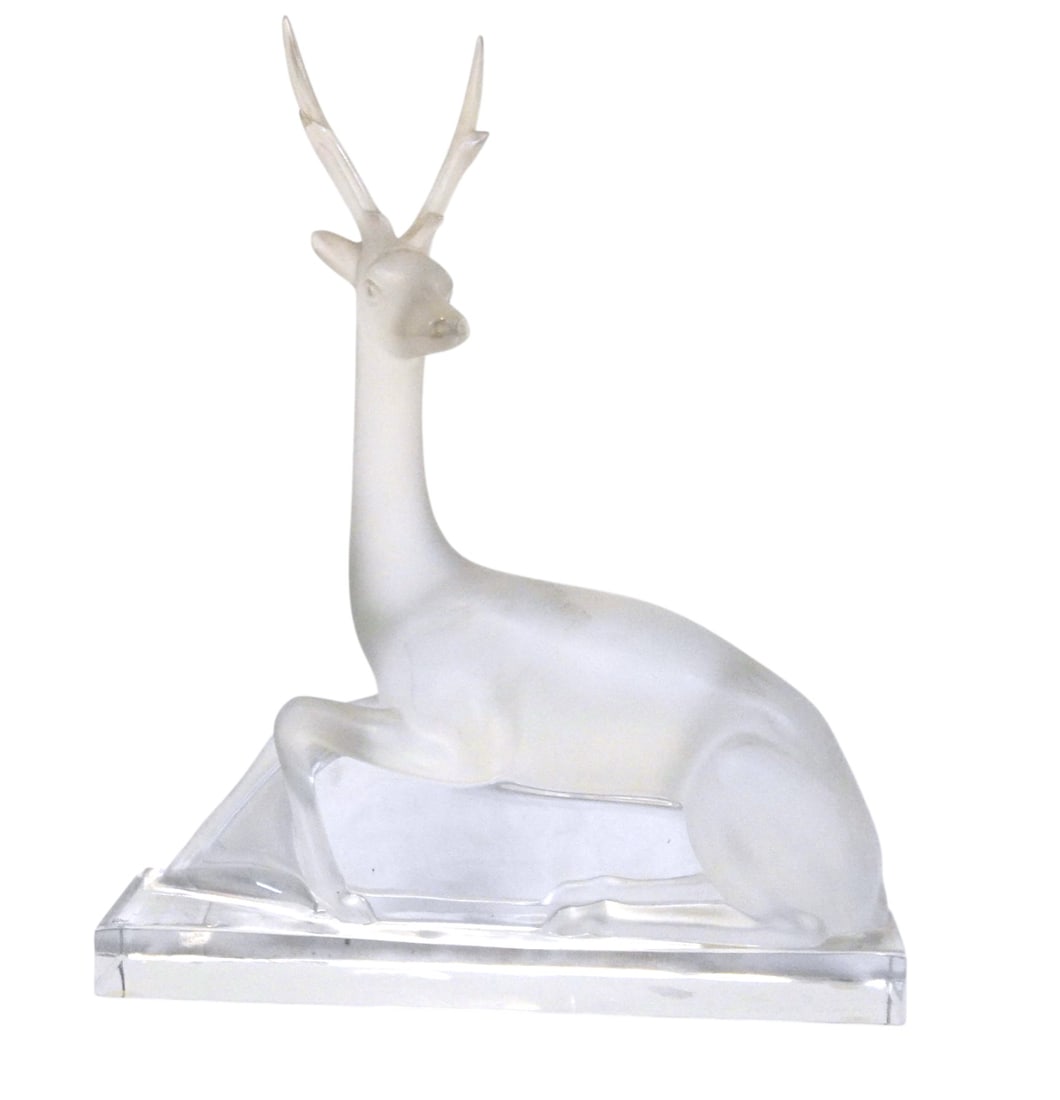 LALIQUE CERF CRYSTAL STAG SCULPTURE SIGNED: Elegant Lalique frosted crystal deer figurine, beautifully modeled with sleek Art Deco lines and poised serenity.. Designed by Marc Lalique, son of Rene Lalique., France, late 20th century, polished
