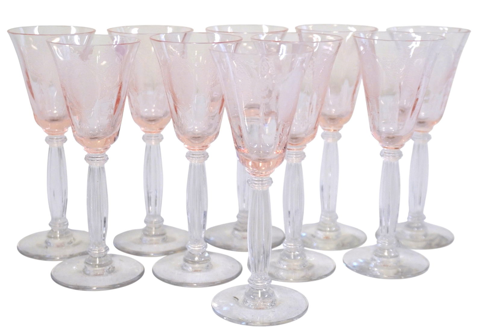 10 RARE TIFFIN-FRANCISCAN CLASSIC PINK ETCHED CORDIAL GLASSES: set of 10 Rare Classic Pink Tiffen Cordial Glasses. Each 4 5/8". Weight on all 1 lb 3 oz.