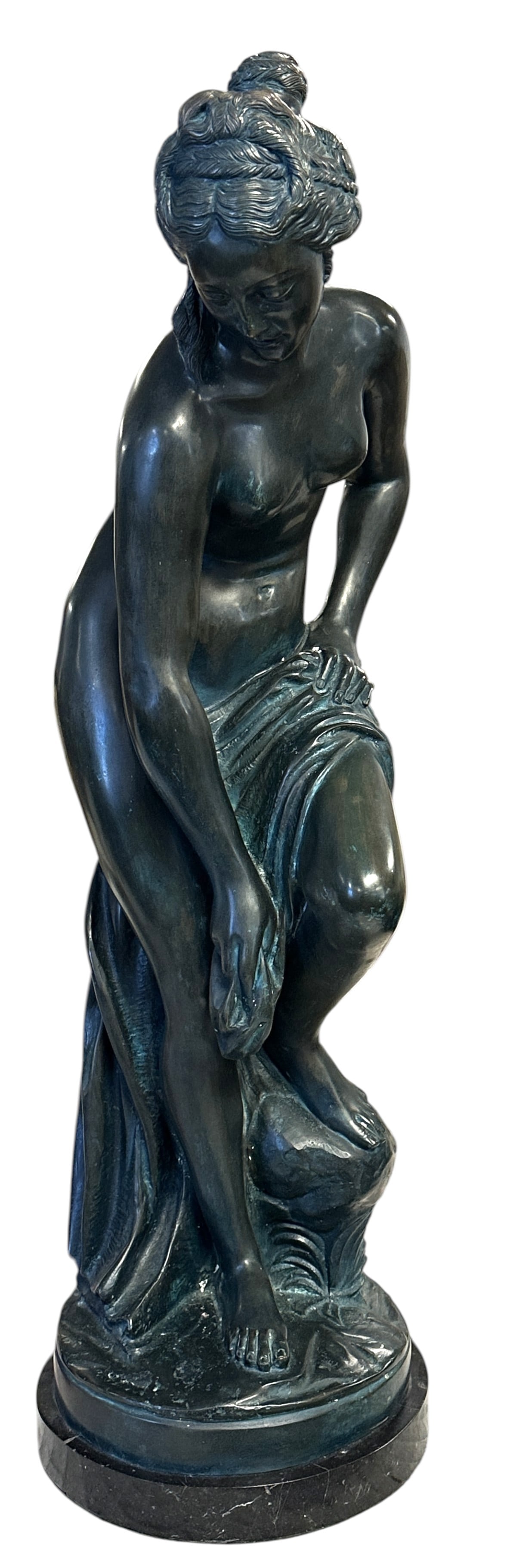 LARGE BRONZE VENUS CHRISTOPHE GABRIEL ALLEGRAIN: Large Patinated Bronze Venus Au Bain after Christophe-Gabriel Allegrain (French, 1710-1795) on green marble base. Purchased in London. Measures 10"x12"x34" Weight approx 60 lbs **In house shipping