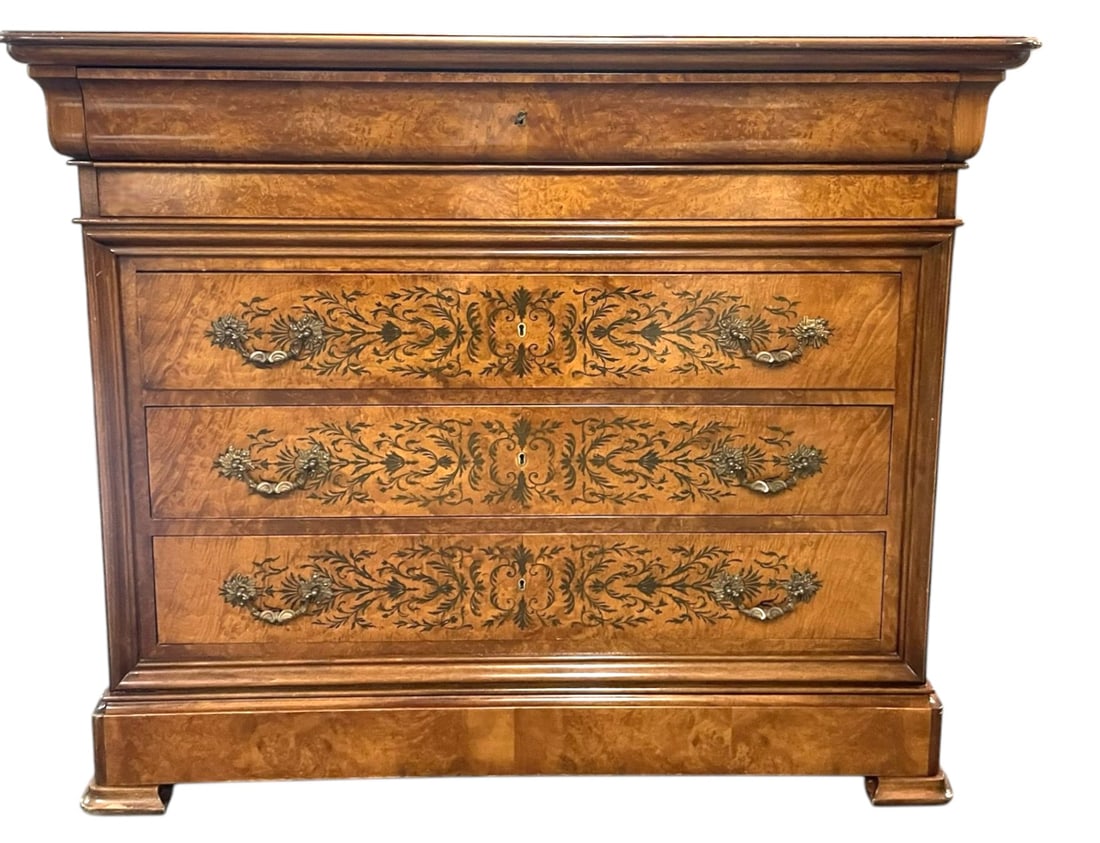 FRENCH LOUIS PHILIPPE INLAID BURR WALNUT SECRETARY COMMODE (1 of 12)