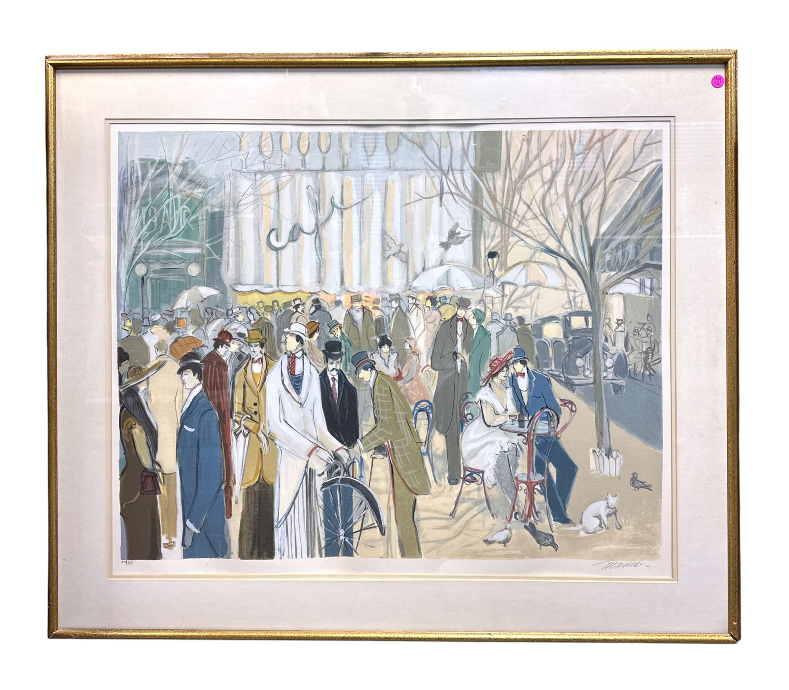 ISAAC MAIMON PARIS CAFE SIGNED LTD SERIGRAPH: Large Framed Isaac Maimon (b.191) Paris Cafe Limited Edition Signed Serigraph on Arches Paper. Signed in pencil by the artist and numbered 143 of only 275. In frame measures 43"x37"x1 1/2". Weight 20