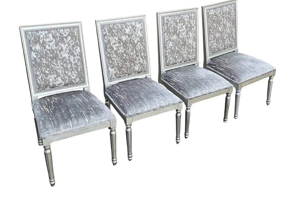 4 Louis/ French Provincial Style distressed silver dining chairs w. luxe upholstery: 4 Louis/ French Provincial Style distressed silver dining chairs w. luxe upholstery Each 40" x 20.5" x 21". Seat Height 18". Custom upholstery - Seatback is damask, bottom is velvet. **In house shippi