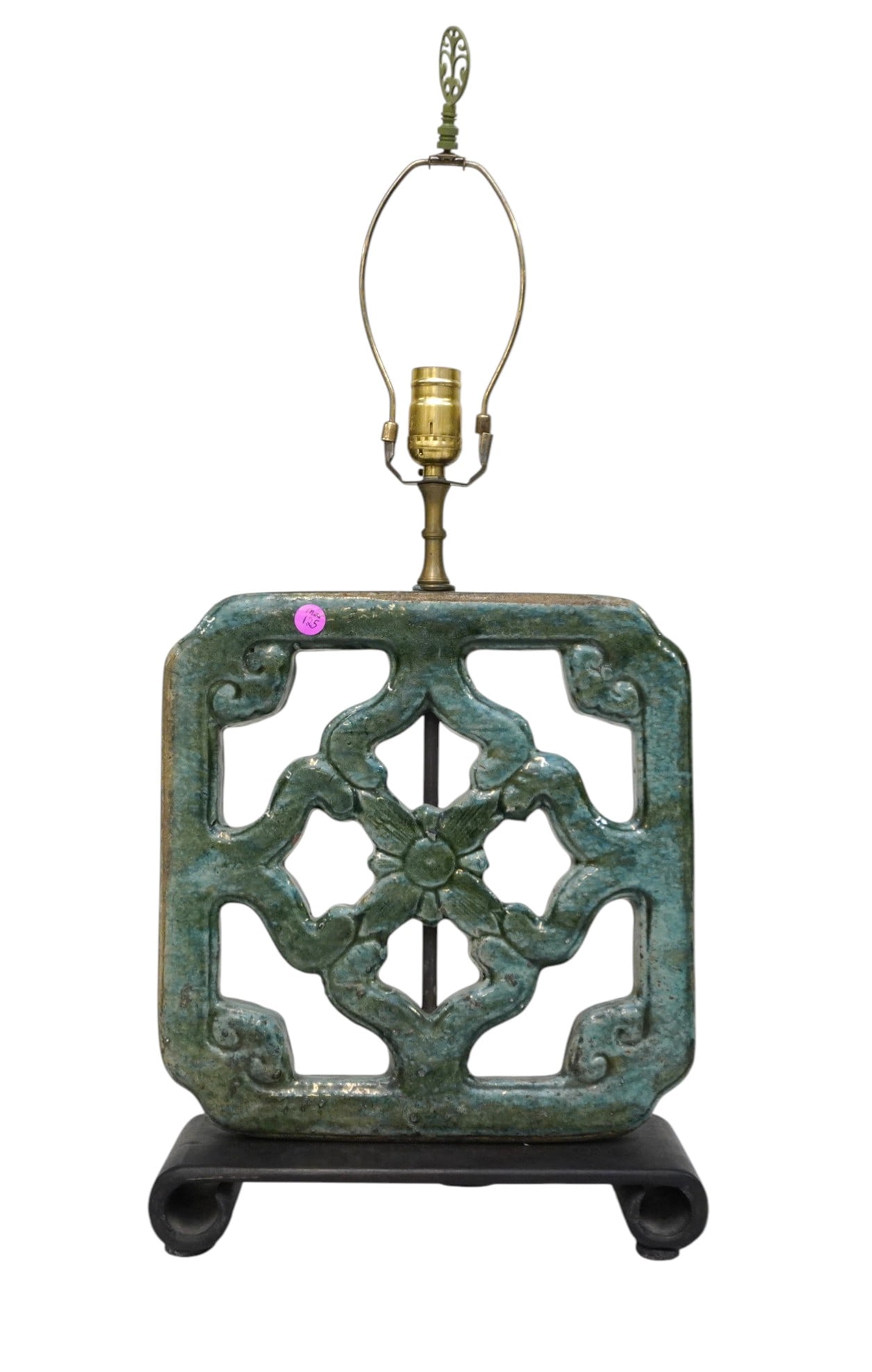 MING DYNASTY GLAZED TERRACOTTA TILE LAMP: Antique Chinese Late Ming Dynasty Jade Glazed Terracotta Architectural Tile mounted as a Lamp. Measures 12 1/2"x5"x21". Weight 10 lbs **In house shipping available on this lot** If you win this lot,