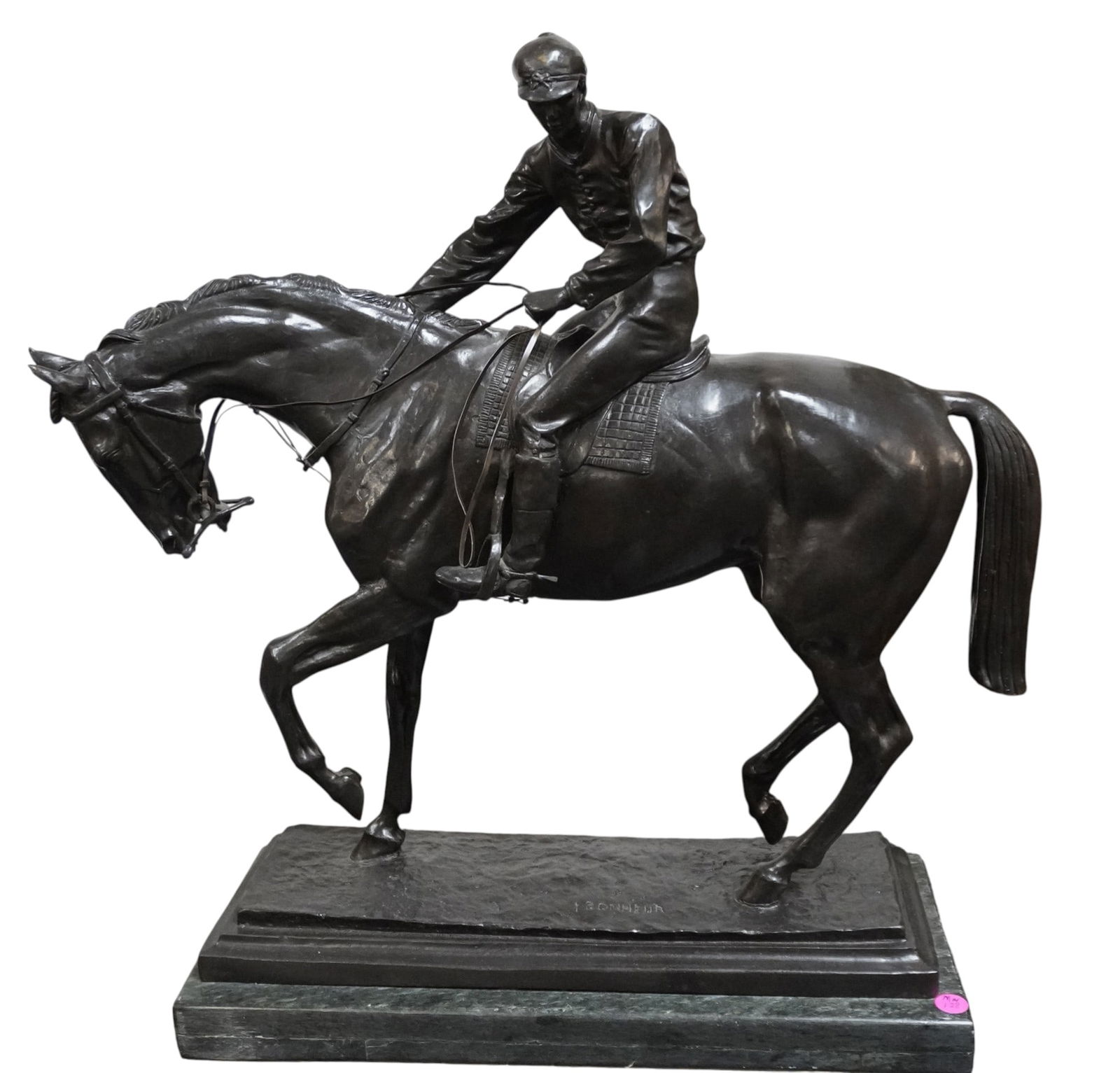 ISADORE JULES BONHEUR LARGE BRONZE LE GRAND JOCKEY: Isidore Jules Bonheur French 1827-1901 Le Grand Jockey bronze, mounted to green marble base signed in casting to base Overall Measures approx 18"x8"x23 3/4" Weight approximate;y 75-80 lbs.