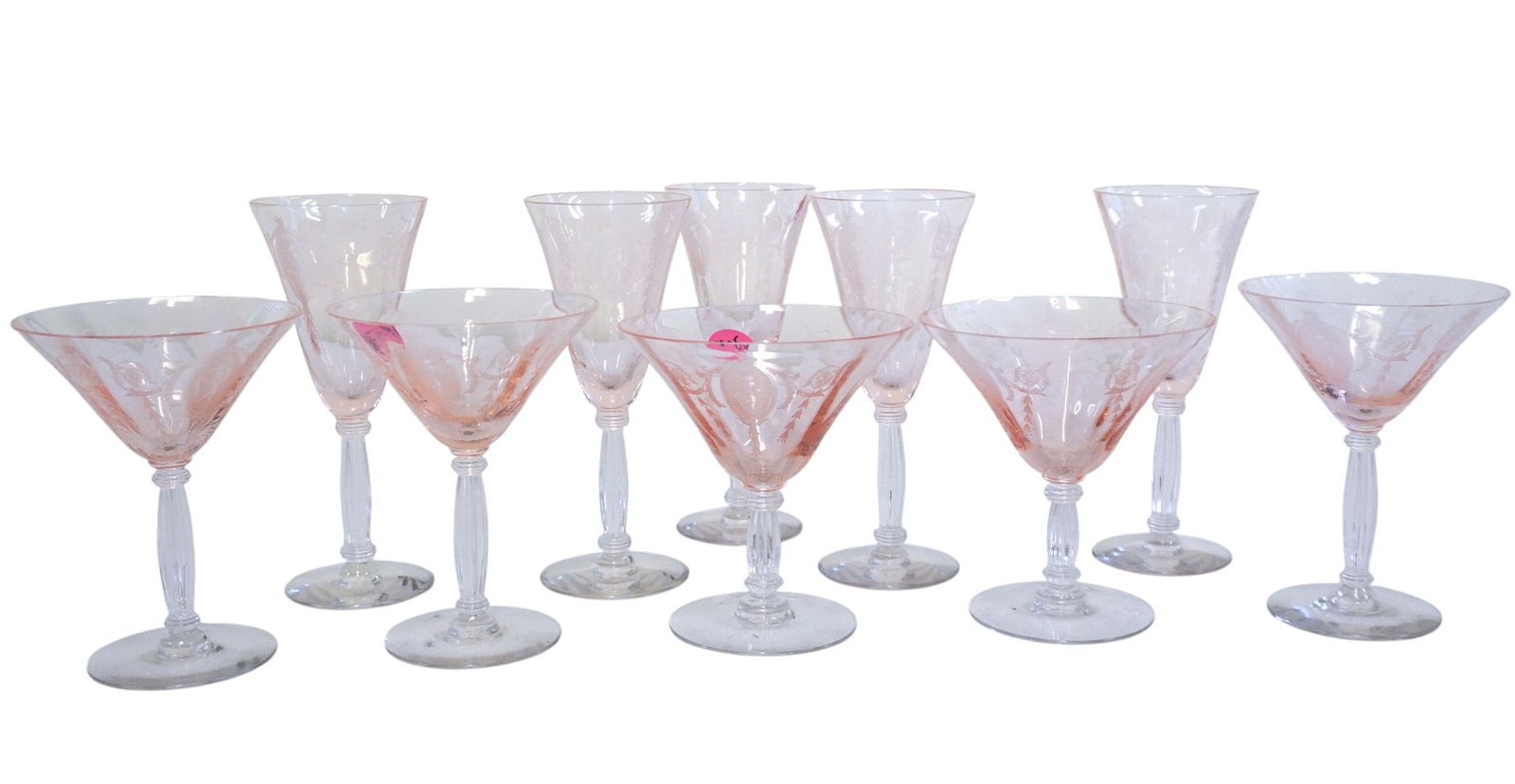 10 RARE TIFFIN-FRANCISCAN CLASSIC PINK ETCHED GLASSES: set of 10 Rare Classic Pink Tiffen Parfait Glasses. 5 Wine Glasses 6". 2 Low Sherbets 4 1/2". 3 Champages 4 3/4". Weight on all Weight on all 2 lb 6 oz.