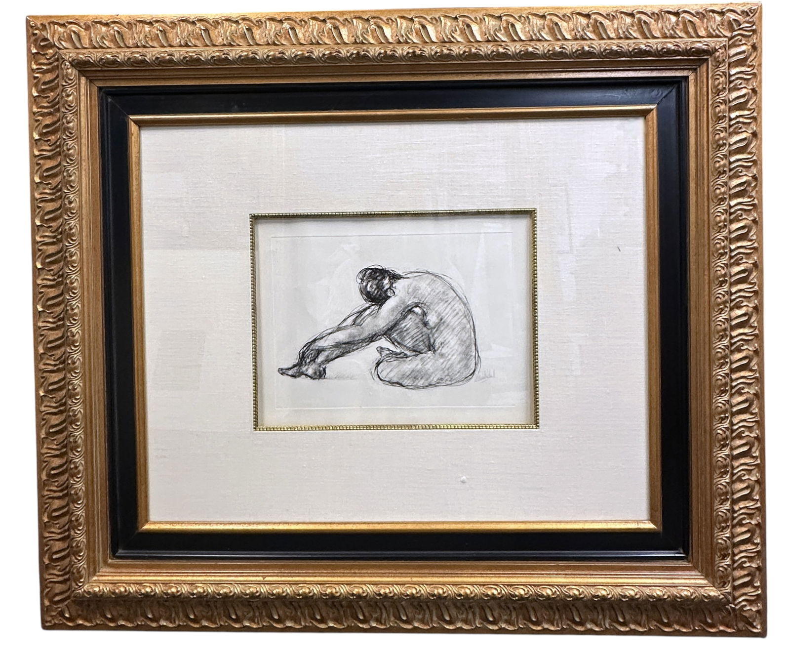 FRENCH CONTEMPORARY NUDE CHARCOAL SKETCH FRAMED: French Contemporary Nude Charcoal Sketch in a Incredible Designer Frame. Signed but signature illegible, Purchased in Paris. Gilt Frame with gilt molding on woven mat. Measures 33"x36"x2", Weight 30