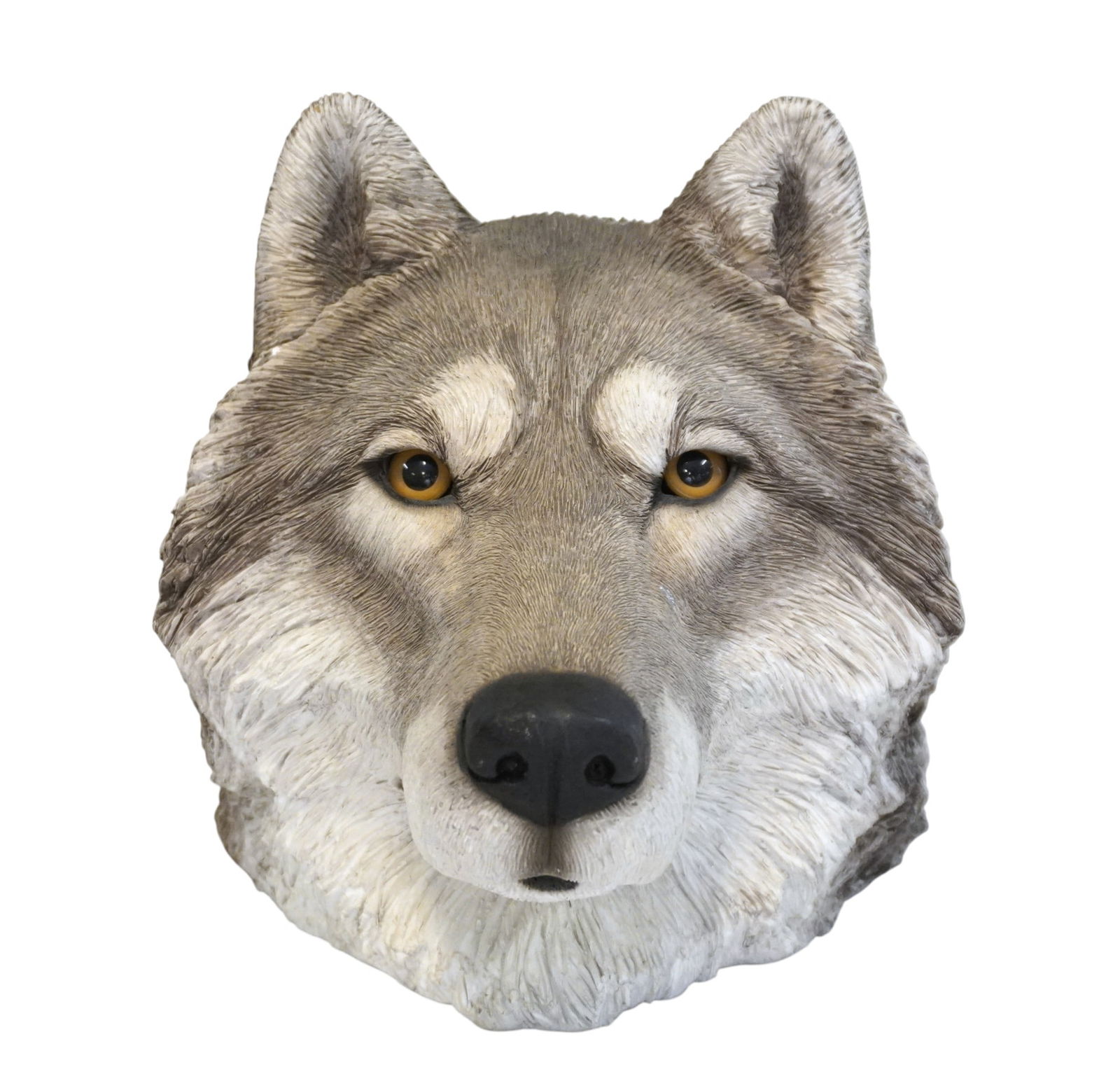 WOLF HEAD SCULPTURE WITH GLASS EYES: Vintage Wolf Head Sculpture Sandicast 1996 Sandra Bruce. A large wolf head sculpture made of sandcast concrete with glass eyes. By artist Sandra Bruce imade in n 1996. Handmade in the United States,