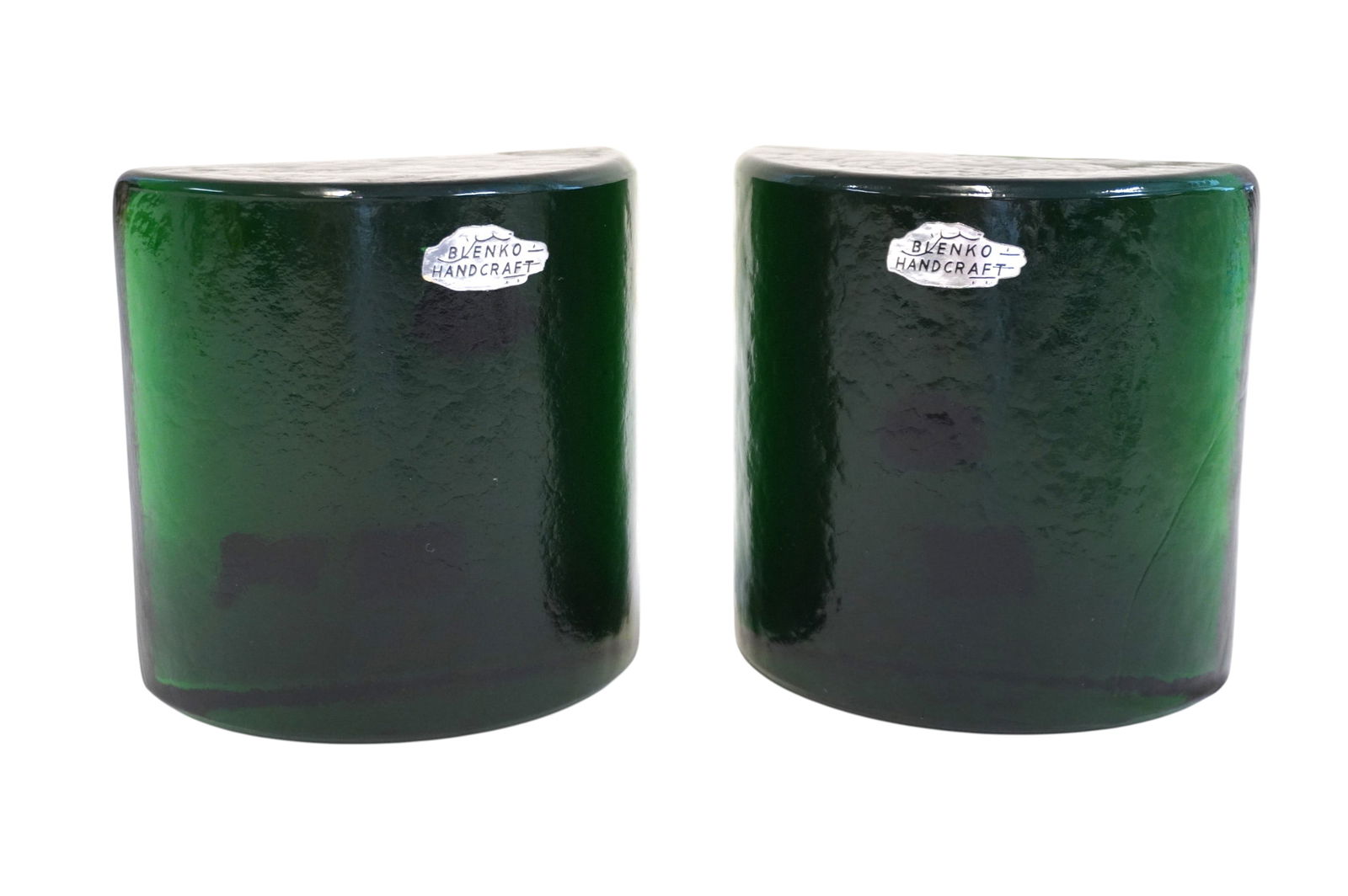 ICONIC BLENKO GREEN BOOKENDS WAYNE HUSTED: Vintage Iconic Blenko Emerald Green Glass Bookends. Purchased at Kerrisons, King Street, Charleston. Each 5"x2 1/2"x5". Weight 8 lbs 12 oz **In house shipping available on this lot** If you win this