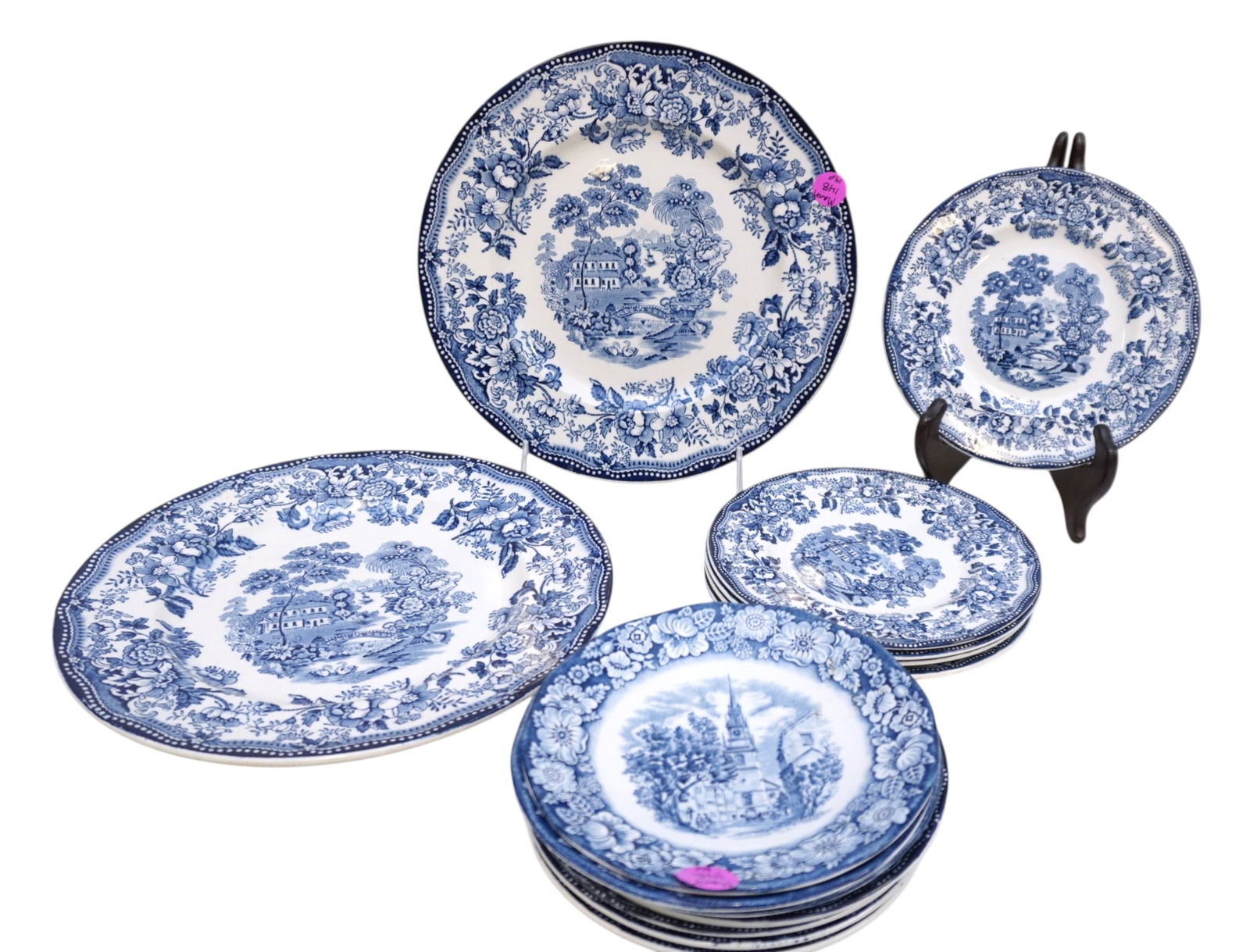 COLLECTION OF 14 VINTAGE ENGLISH BLUE TRANSFERWARE PLATES -CLARICE CLIFF TONQUIN ROYAL (1 of 8)