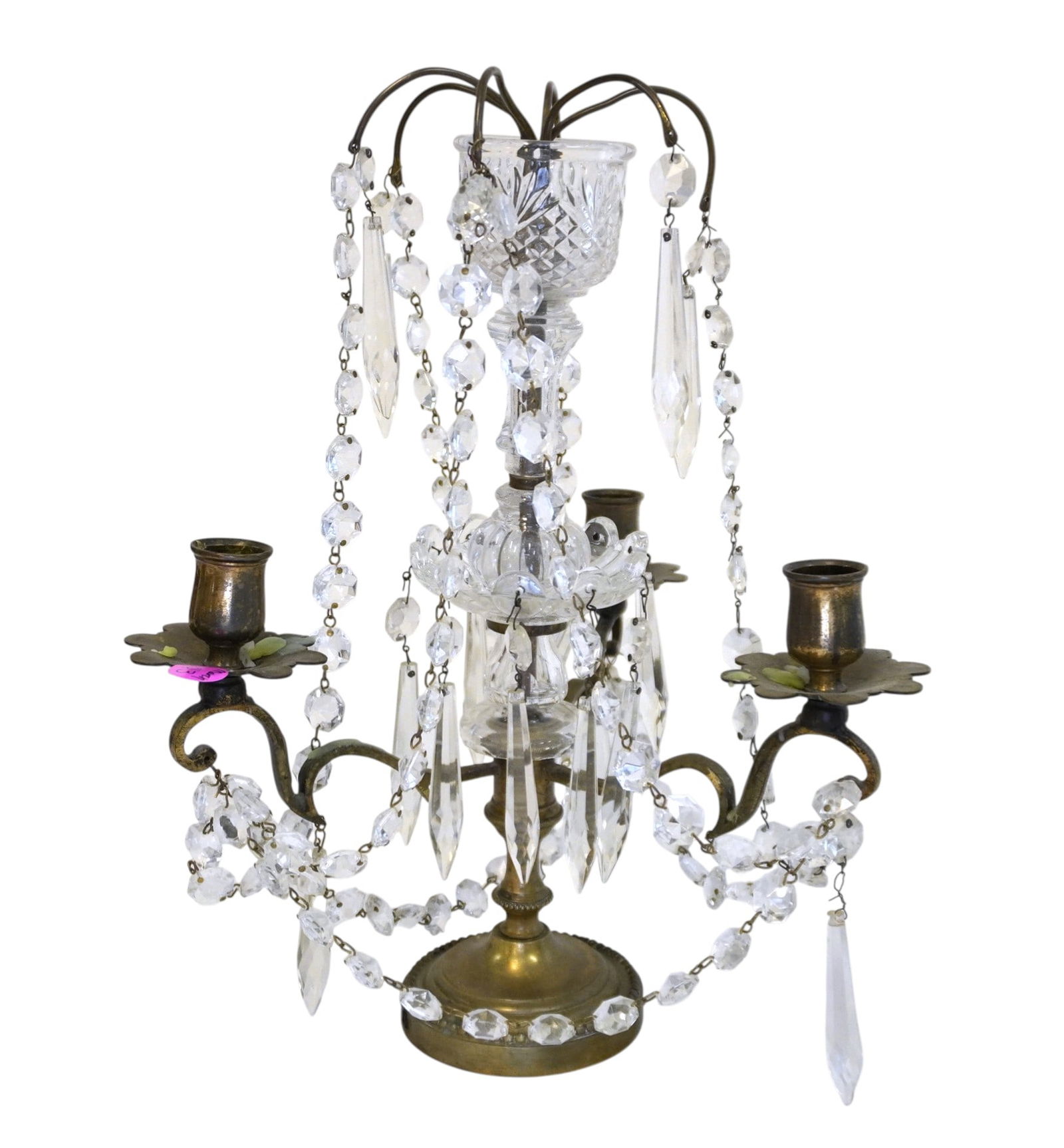 ANTIQUE BRASS AND CRYSTAL LUSTRE GIRANDOLE CANDELABRA (1 of 5)