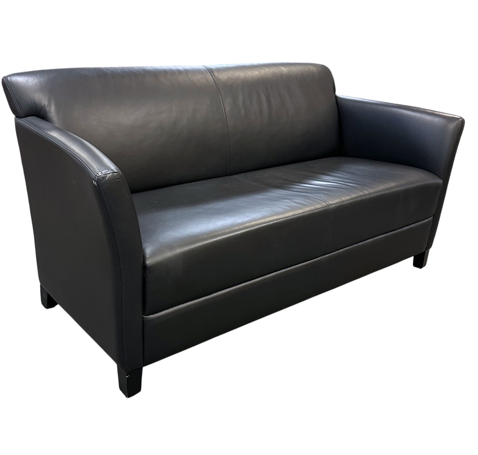 GEIGER BRICKELL BLACK LEATHER SETTEE WARD BENNETT: Black Leather Settee from Geiger Brickell designed by Ward Bennett. . Geiger Brickell founded in 1964, was associated with the designer Ward Bennett and was acquired by The Herman Miller Company in 19