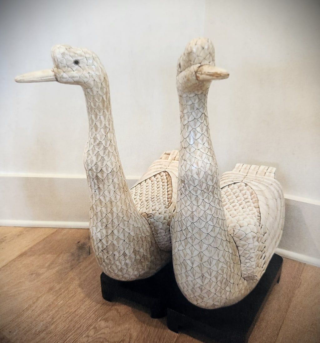 PAIR LIFE SIZE TESSELLATED BONE VENEERED GEESE: A Pair of Early 20th c Chinese Tessellated Bone Veneered Geese Sculptures with hand-cut bone veneer arranged in overlapping feather-like scales. Each goose features a gracefully elongated neck and a