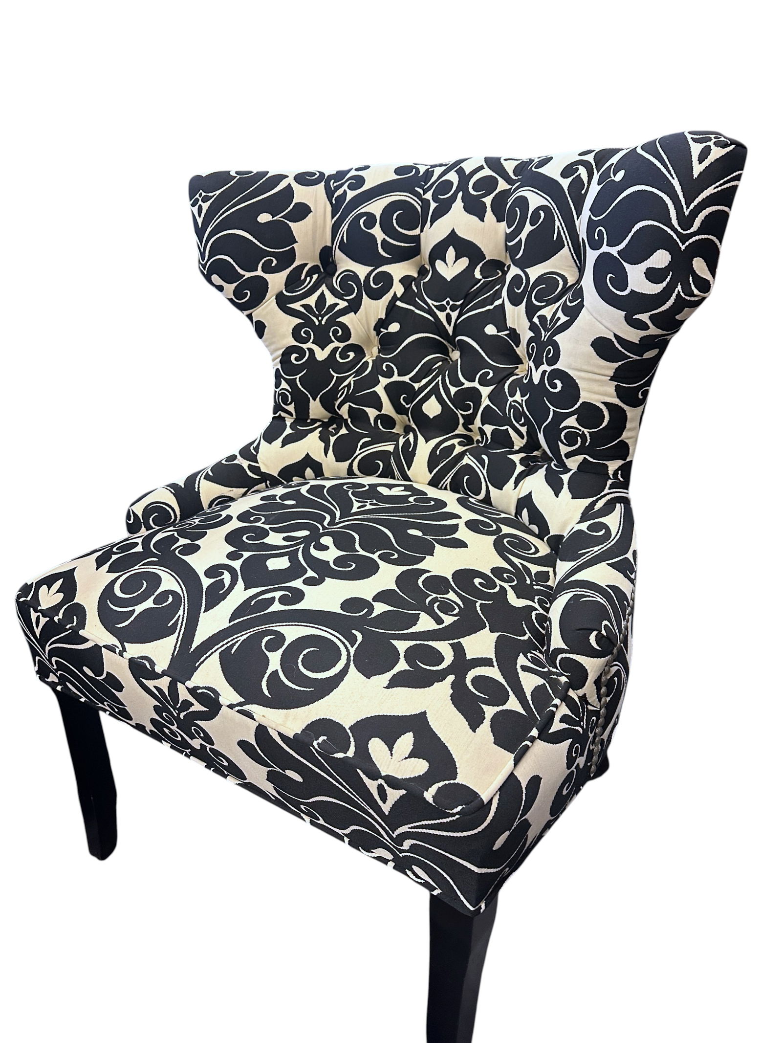 BLACK & WHITE DAMASK ACCENT CHAIR: Black & white Damask Accent Chair. Perfect in any room. Measures 27 1/2" wide" 20" deep" and 33" tall. Provenance: A noted national interior designer **In house shipping available on this lot** If