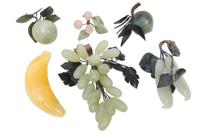 6 MID CENTURY CARVED CHINESE JADE & STONE FRUIT