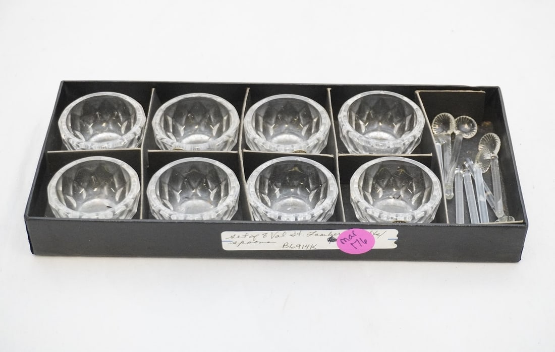 SET OF 8 VAL ST LAMBERT SALTS WITH SPOONS (1 of 2)