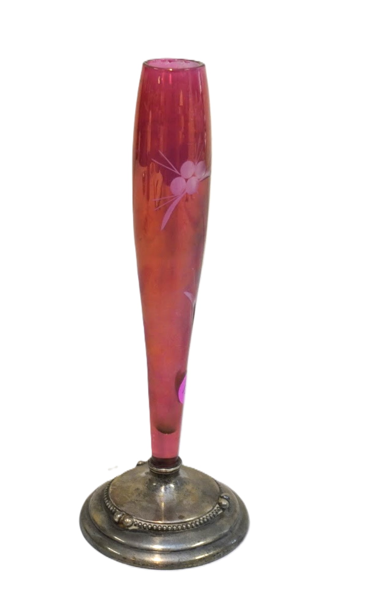 ART DECO STERLING BASE ETCHED CRANBERRY GLASS VASE (1 of 4)