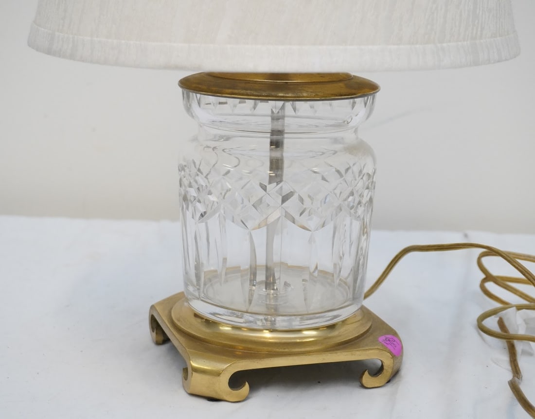 WATERFORD CRYSTAL TABLE LAMP: Vintage Waterford Crystal Lismore Table Lamp, Footed Brass Base. Lamp 5 1/2"x5 1/2"x12".Shade 12"x12"x9". Weight 4 lbs 6 oz **In house shipping available on this lot** If you win this lot, please sele