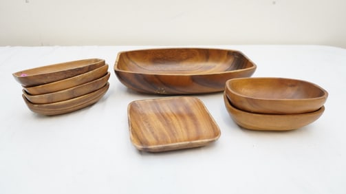MID-CENTURY TEAK WOOD ENTERTAINING BOWL/TRAY SET - 8 PIECES