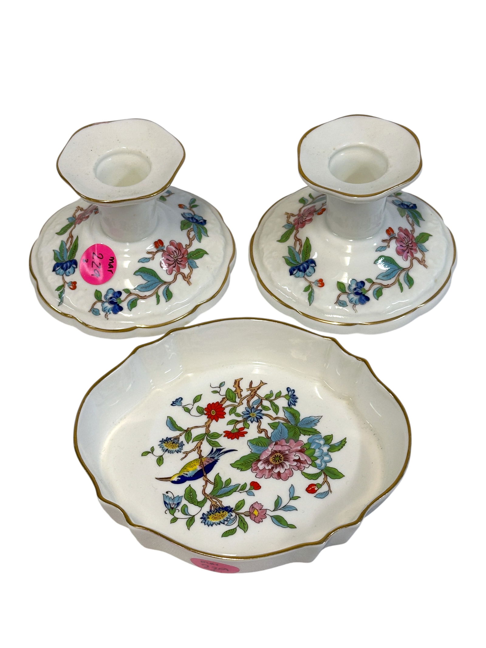 AYNSLEY "PEMBROKE" TRINKET DISH AND CANDLESTICKS (1 of 2)