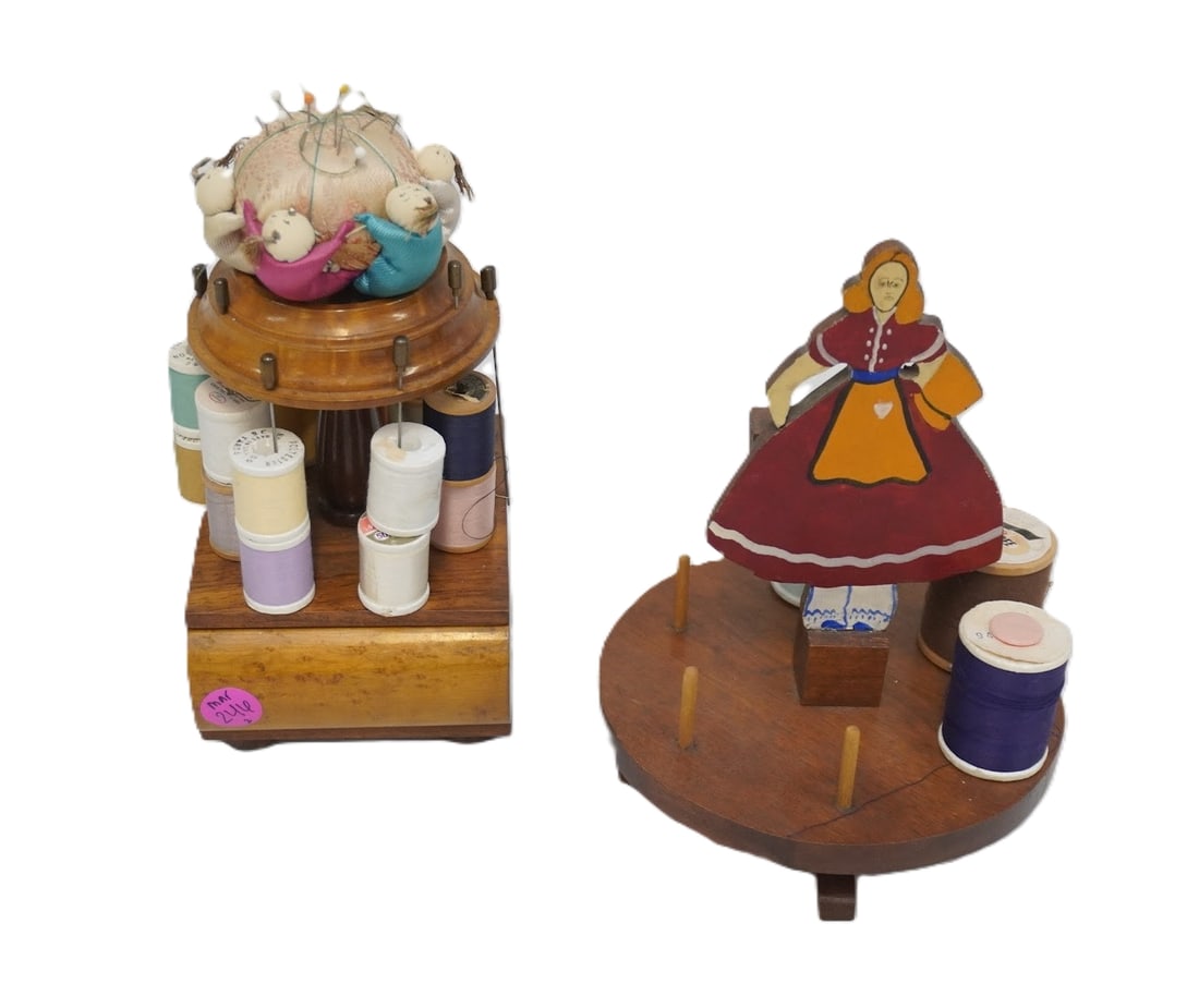 PAIR OF WOODEN DUTCH SPOOL HOLDERS: Pair of Handmade Wooden Sewing Spool Holders. Woman measures 9" x 6" and solid wood measures 7" (without cushion) x 5" x 4", total lot weight is 1 lb 11 oz. **In house shipping available on this