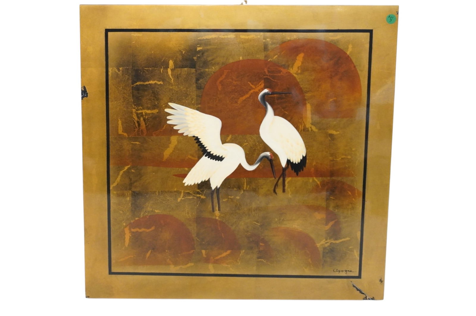 GOLD LEAF PAINTING CIGOGNE (STORK) ON BOARD: Hand Painted Storks on Gold Leaf on wood Panel. Measures 24"x24"x1". Weight 10 lbs **In house shipping available on this lot** If you win this lot, please select self arranged for in house shipping