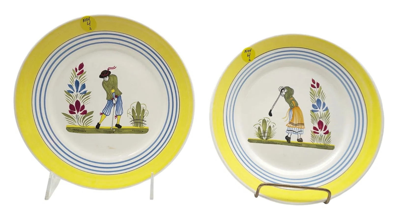 2 SCARCE HENRIOT QUIMPER FAIENCE GOLF COLLECTION PLATES: 2 Scarce and very hard to find Henriot Quimper hand painted Golf Collection plates. Man and woman. Each 8.5". Weight combined 1 lb 12 oz. **In house shipping available on this lot** If you win this