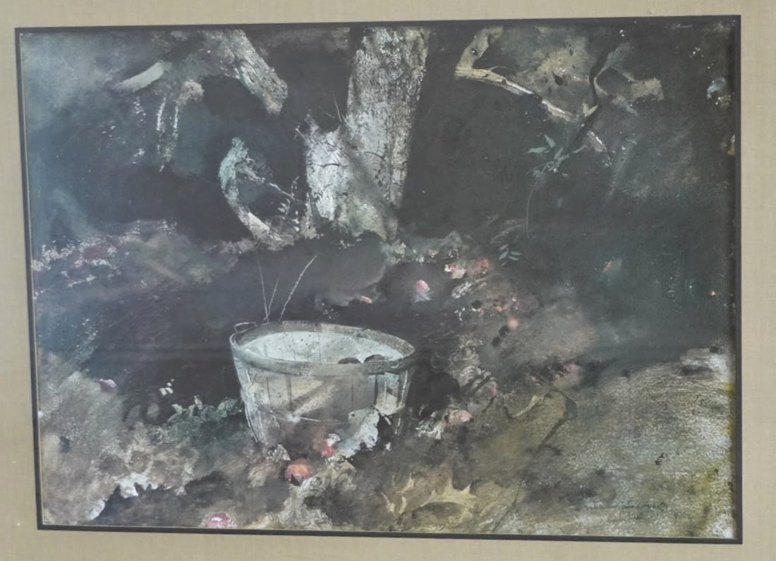 VINTAGE MCM TURNER WALL ART BUSHEL BASKET: Vintage large MCM 1950-60 Turner Wall Art A. Wyeth Half Bushel Basket Print. Framed measures 35"x29"x1". Weight 11 lbs **In house shipping available on this lot** If you win this lot, please select