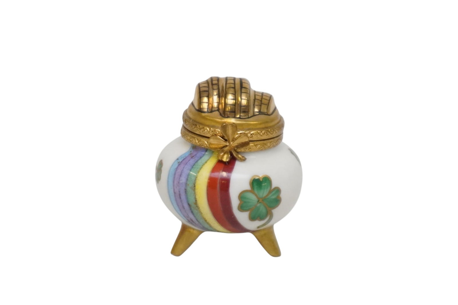 ROCHARD LIMOGES POT OF GOLD TRINKET BOX: Rare Rochard Limoges Pot of Gold Trinket Box. 2". Weight 1 oz **In house shipping available on this lot** If you win this lot, please select self arranged for in house shipping when paying**