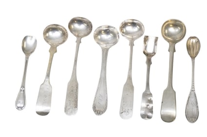 8 ANTIQUE COIN SILVER CONDIMENT SPOONS