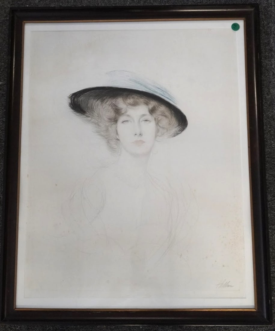 PAUL CESAR HELLEU (1859-1927) BELLE EPOQUE ETCHING: Paul Cesar Helleu (1859-1927) Antique Hand Colored Belle Epoque Beauty Etching. Signed in pencil. Minor foxing. In frame measures 22 1/2"x28"x1". Weight 8 lbs. **In house shipping available on this