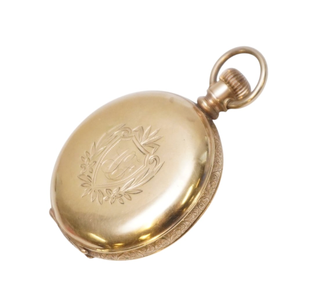 1894 SETH THOMAS POCKET WATCH FAHYS MONARCH 1: Antique 1894 Seth Thomas Pocket Watch serial 126277 in a Gold Filled Fahys Monarch 1 Hunters Case. Enameled flower back and ornate.monogram front. Not running, missing glass, missing some enamel, hair